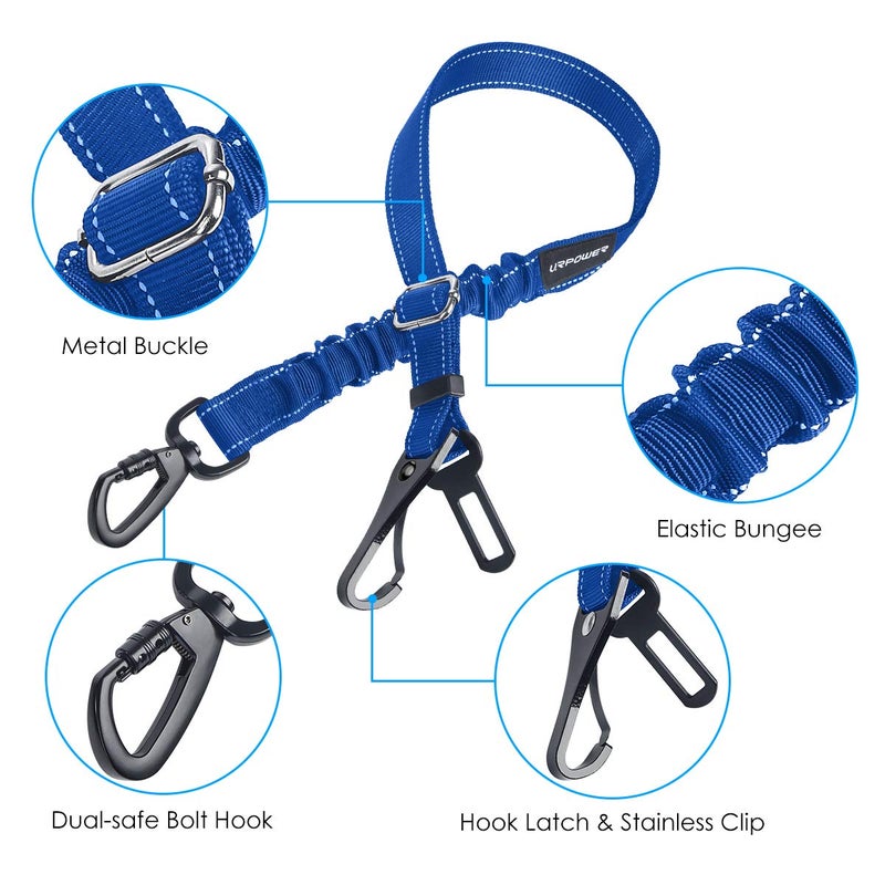 URPOWER 3-in-1 Dog Seat Belt for Car, 2 Pack Adjustable Bungee Dog Car Harness with Seatbelt Buckle & Latch Hook, Reflective & 360Â° Swivel Heavy Duty Pet Safety Belts for Dogs and Cats - Image 2